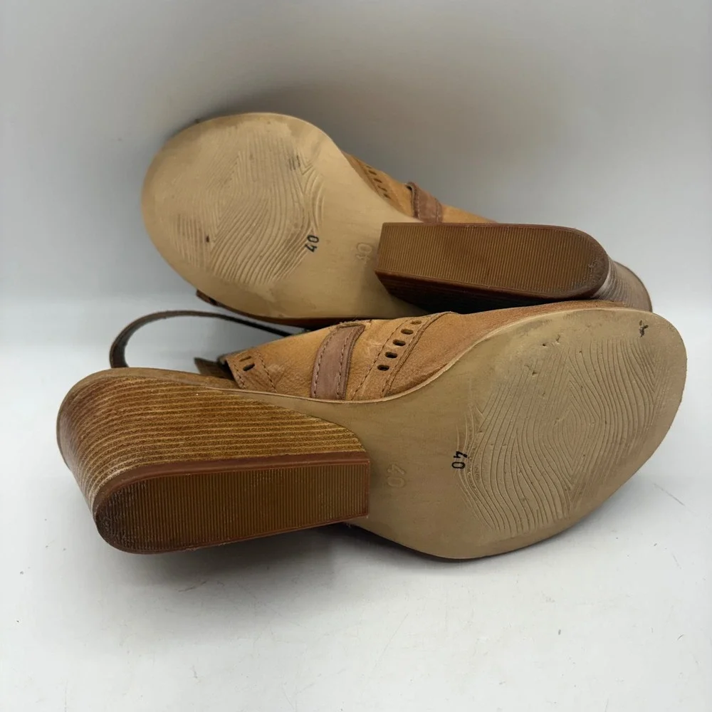 Miz Mooz Tan Leather Wedge Sandals Perforated Caged Strappy‎ Open Toe Shoes 40